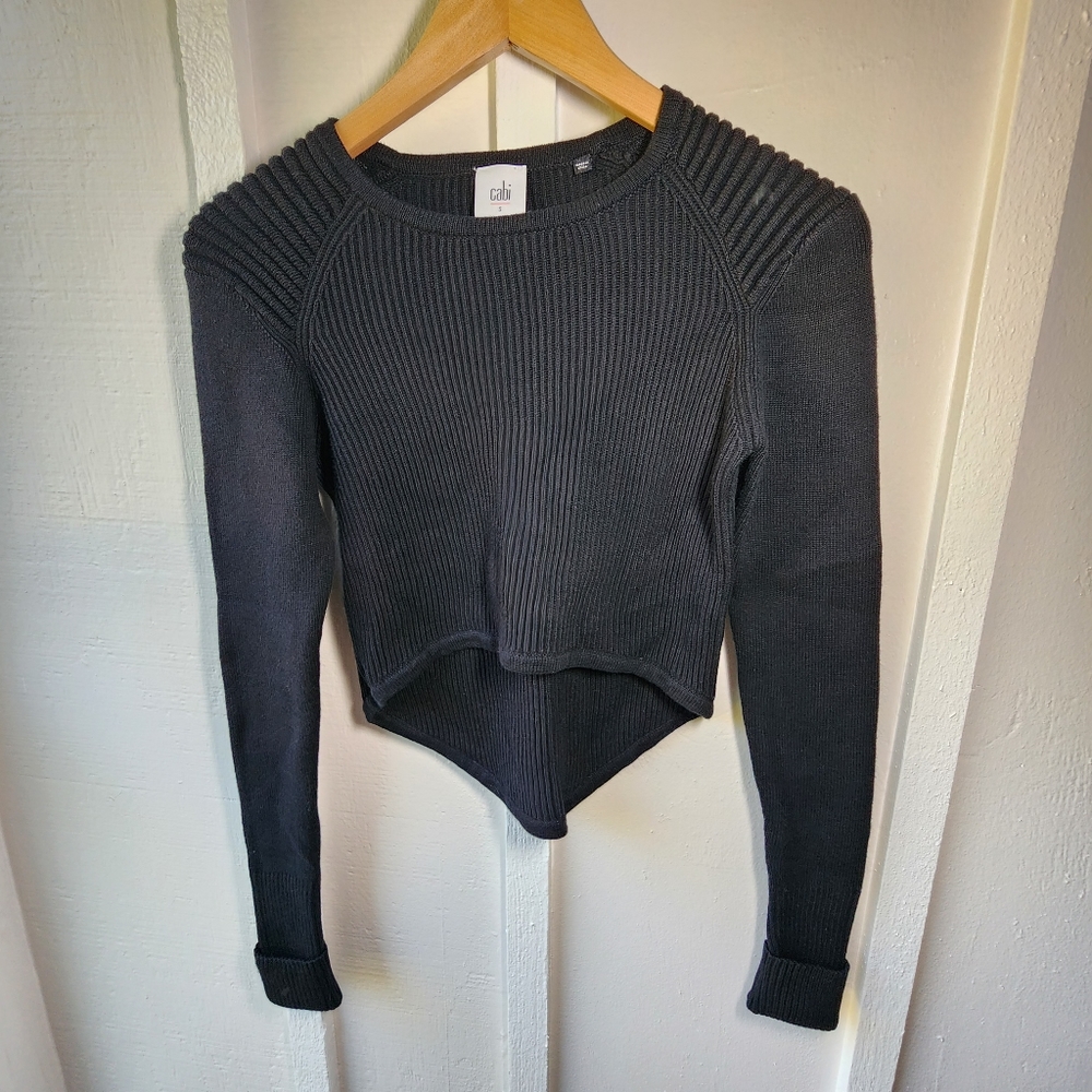 Cabi Crop Prep Pullover Black Sweater Hi Low Knit Ribbed Long Sleeve 3525 Size S
